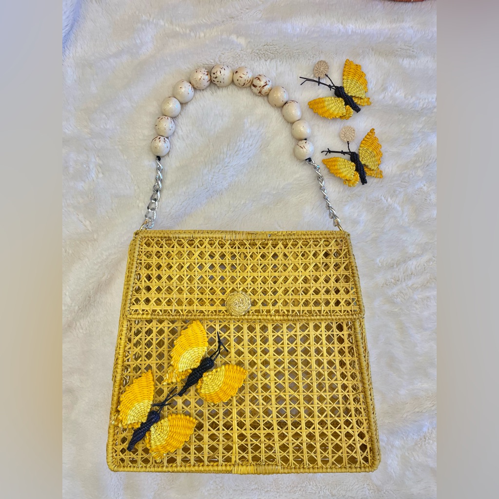 New No Tags Iraca Palm Bag Purse Yellow With Butterflies & Matching Earrings